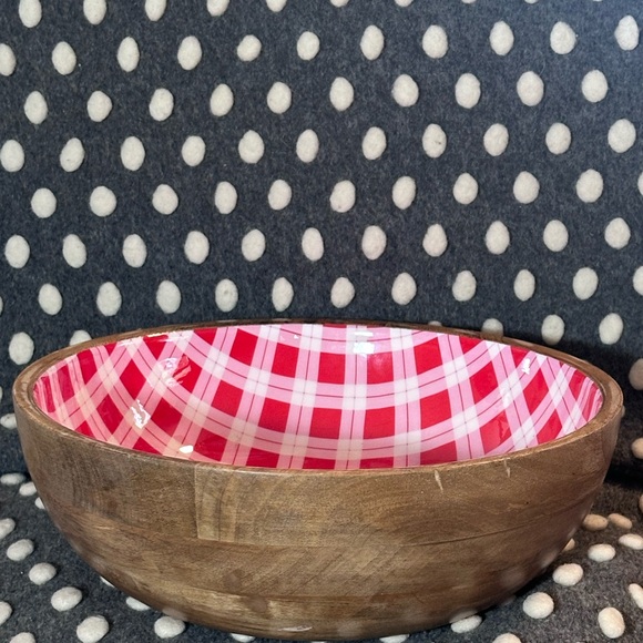 Large Wooden Serving Bowl- 12” diameter height 4 “ Red and White Gingham - Picture 5 of 6